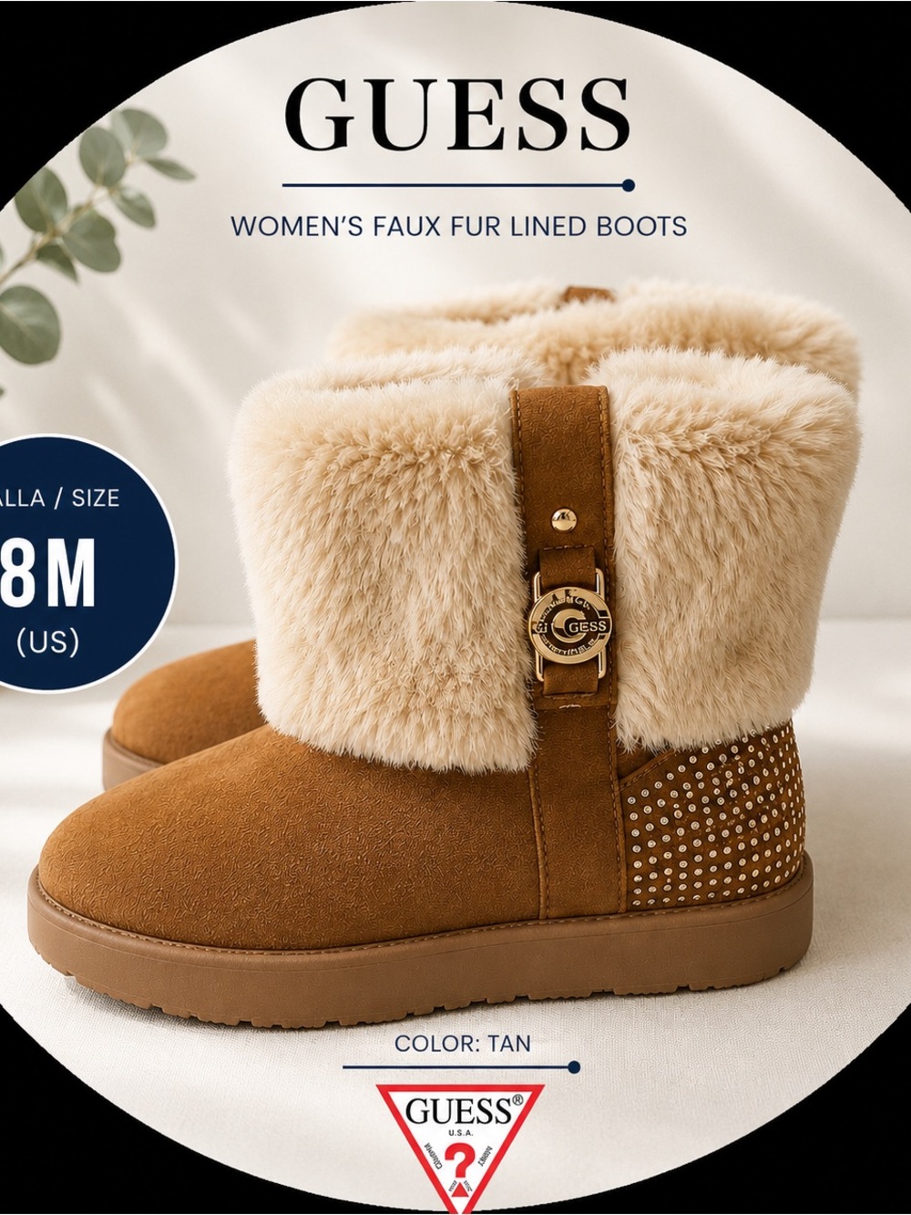 GUESS Tan Faux Fur Cuff Winter Boots with Stud Accent